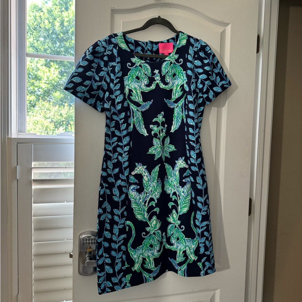 NWT Lilly Pulitzer Navy Dress with Green and Blue Leaf Pattern 14